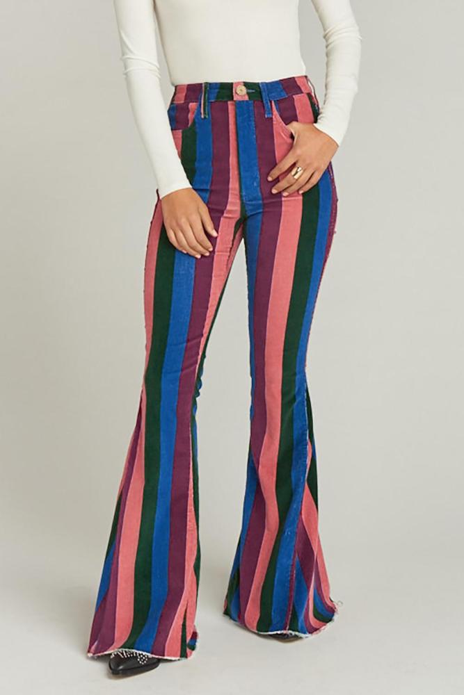 Zip Up Striped Bell Jeans