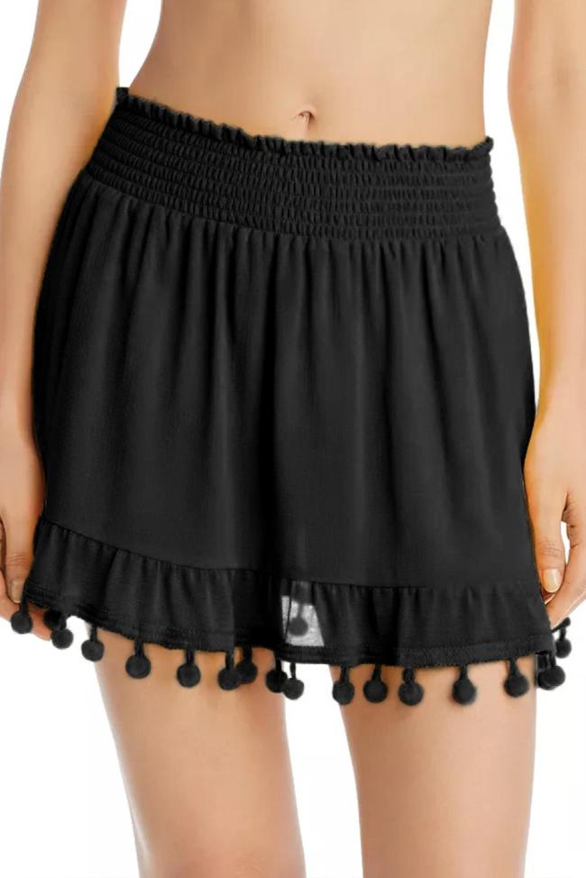 Black Tassel Pompom Ruffled Beach Skirt