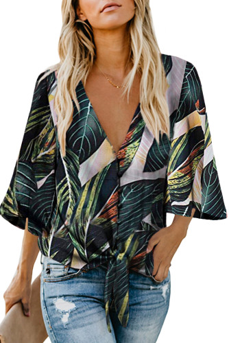 Multicolor Floral Print Button Tie Top