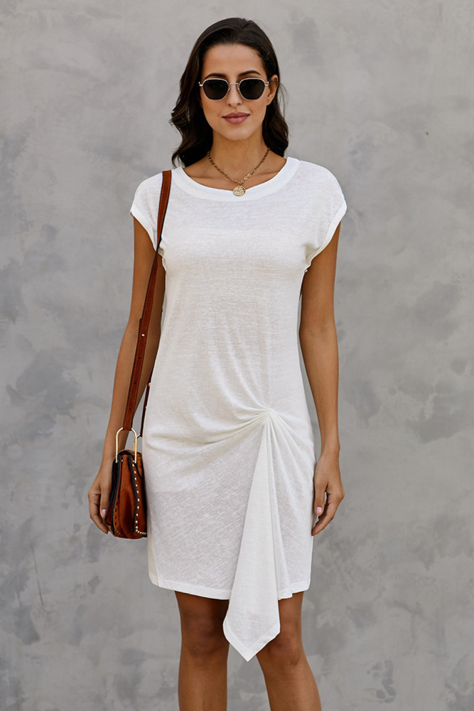 White Low Key Linen Twist T-Shirt Dress