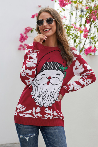 Red Reindeer Santa Clause Cartoon Print Ugly Christmas Sweater