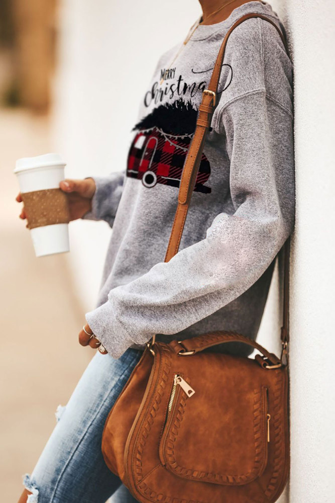 Gray Merry Christmas Letters Print Pullover Sweatshirt