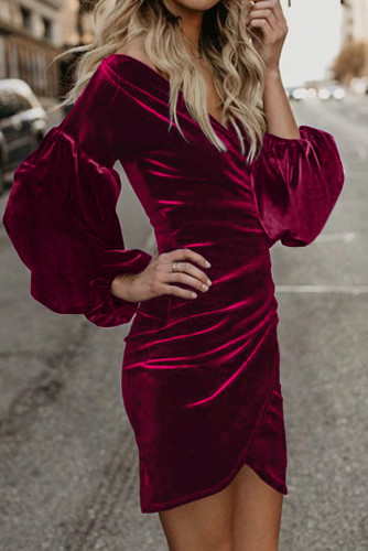 Red Puff Sleeve Off Shoulder Wrap Bodycon Velvet Dress