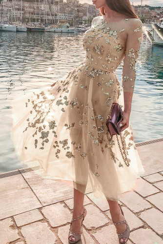 Apricot Fairy Sequins Perspective Tulle Dress