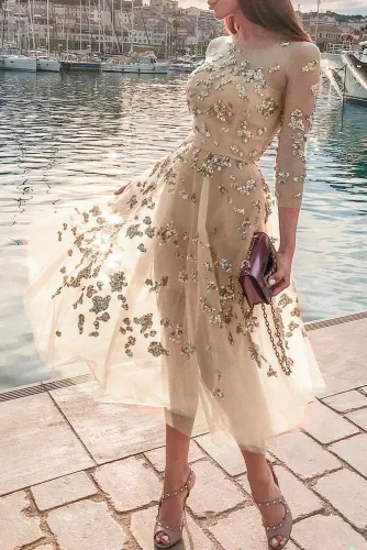 Apricot Fairy Sequins Perspective Tulle Dress