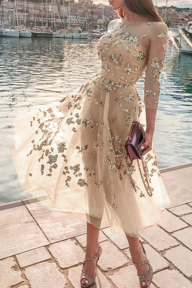 Apricot Fairy Sequins Perspective Tulle Dress