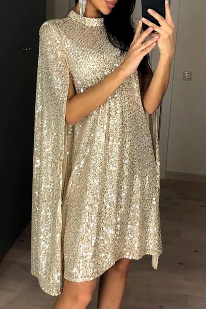 Apricot Glitter Mock Neck Cape Design Sequins Dress