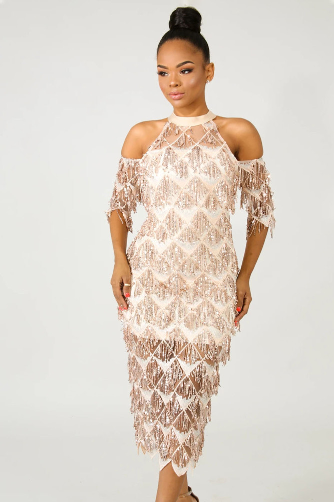 Fringe Sequin Midi Dress