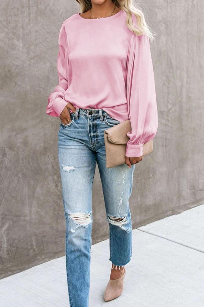 Pink Billowy Bell Sleeve Relaxed Fit Pullover Top