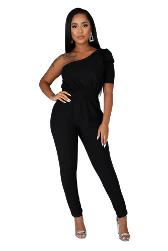 Black One Shoulder Short Sleeve Jumpsuit