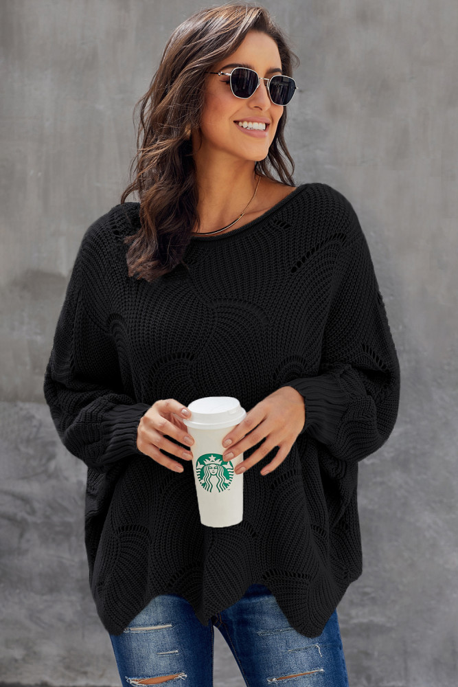 Black Wave Hem Long Batwing Sleeve Hollow Out Elegant Sweater