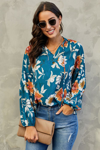 Blue Hues Of Autumn Floral Lantern Sleeve Blouse