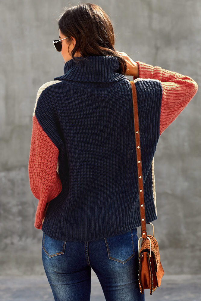 Orange Long Sleeve Turtleneck Color Block Pullover Knit Sweater