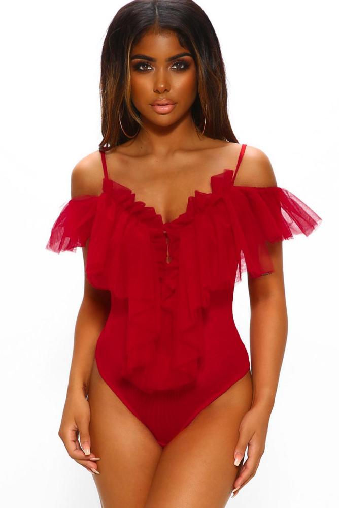 Red Tulle Mesh Thong Bodysuit