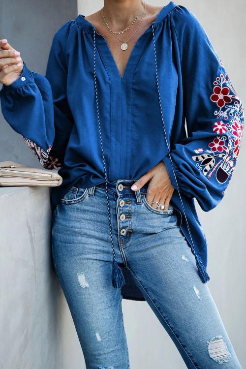 Blue Relaxing Fit Embroidered Peasant Top