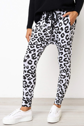 White Leopard Print Drop Crotch Casual Pants