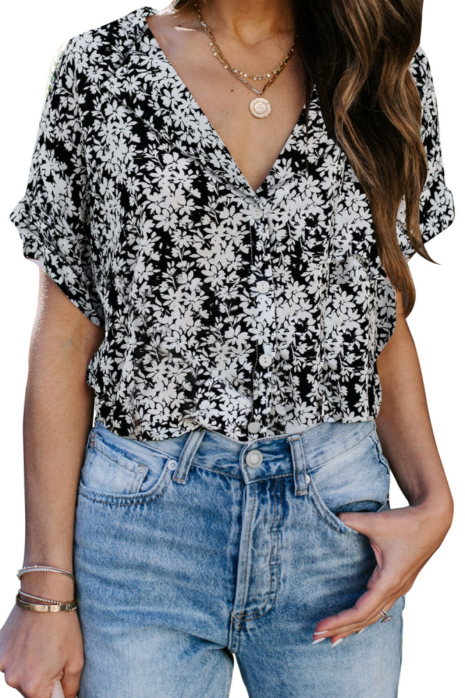 White Printed Button Front Top