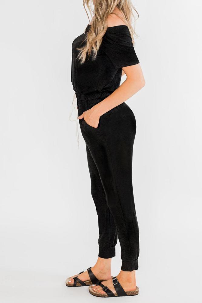 Black Living My Life Drawstring Jogger Jumpsuit