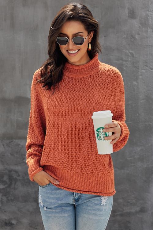 Orange Oversized Chunky Batwing Long Sleeve Turtleneck Sweater