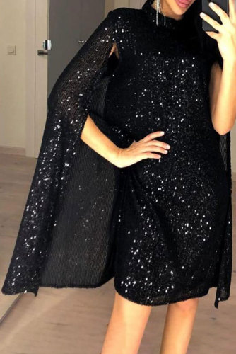 Black Glitter Mock Neck Cape Design Sequins Dress