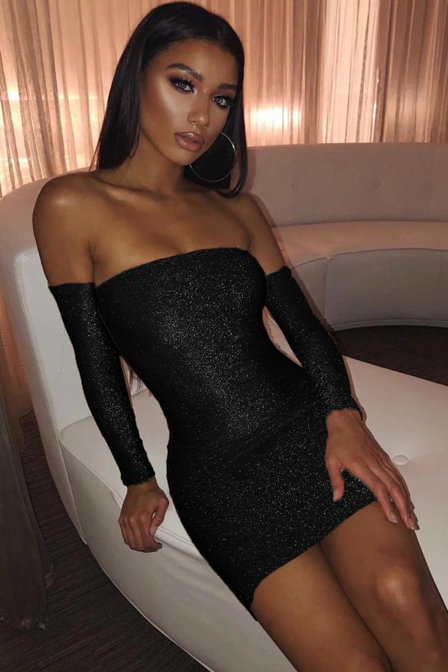 Black Sparkle Off Shoulder Party Dress