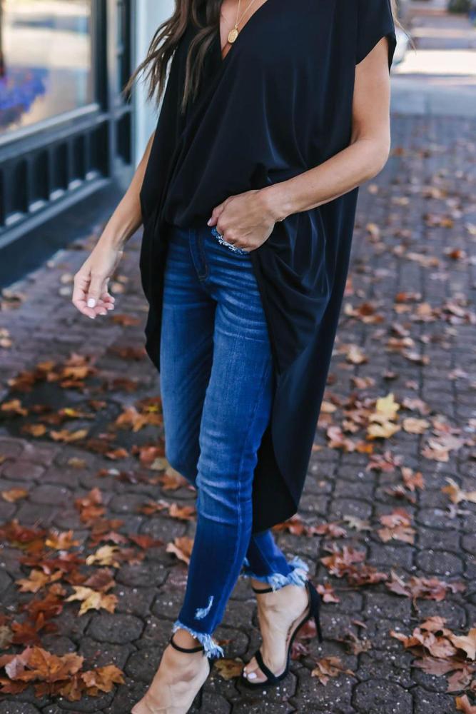 Black Stylish Drape High Low Top