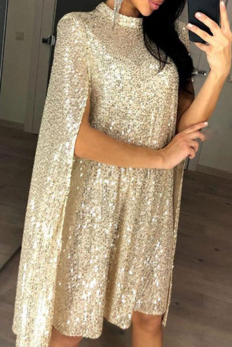 Apricot Glitter Mock Neck Cape Design Sequins Dress