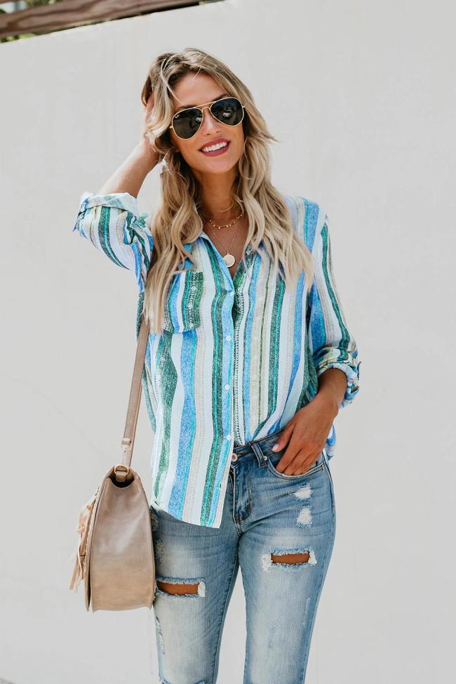 Sky Blue Sweet Enough Striped Button Down Top