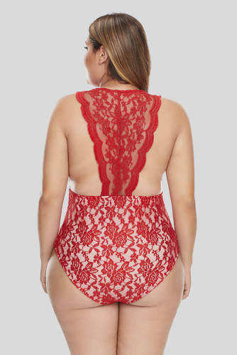 Red Plus Size Deep V Neck Floral Lace Lined Bodysuit