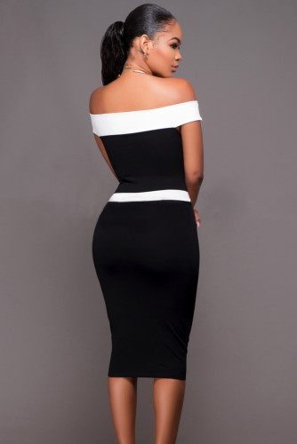 Black White Patchwork Bandeau Boat Neck Off Shoulder Midi Dress