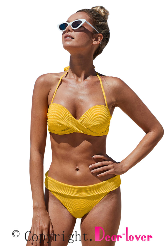 Yellow Halter Twist Waffle Bikini