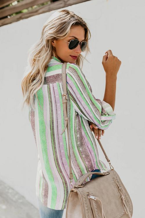 Green Sweet Enough Striped Button Down Top