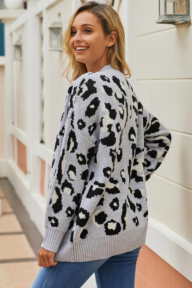 Gray Long Sleeves Leopard Print Knitting Cardigan