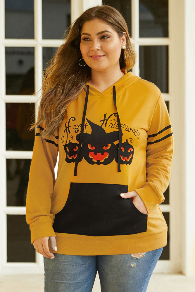 Pumpkin Long Sleeve Kangaroo Pocket Halloween Plus Size Hoodie