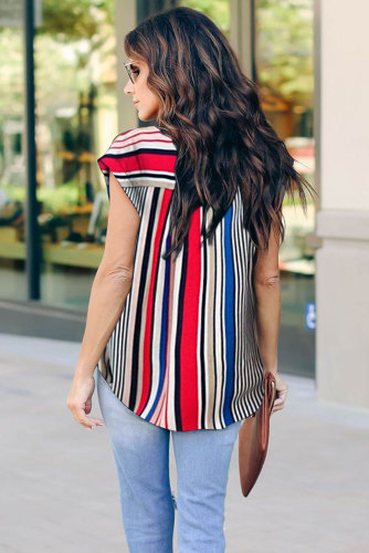 Multicolor V Neck Stripes Roll up Short Sleeve Zip Up Blouse