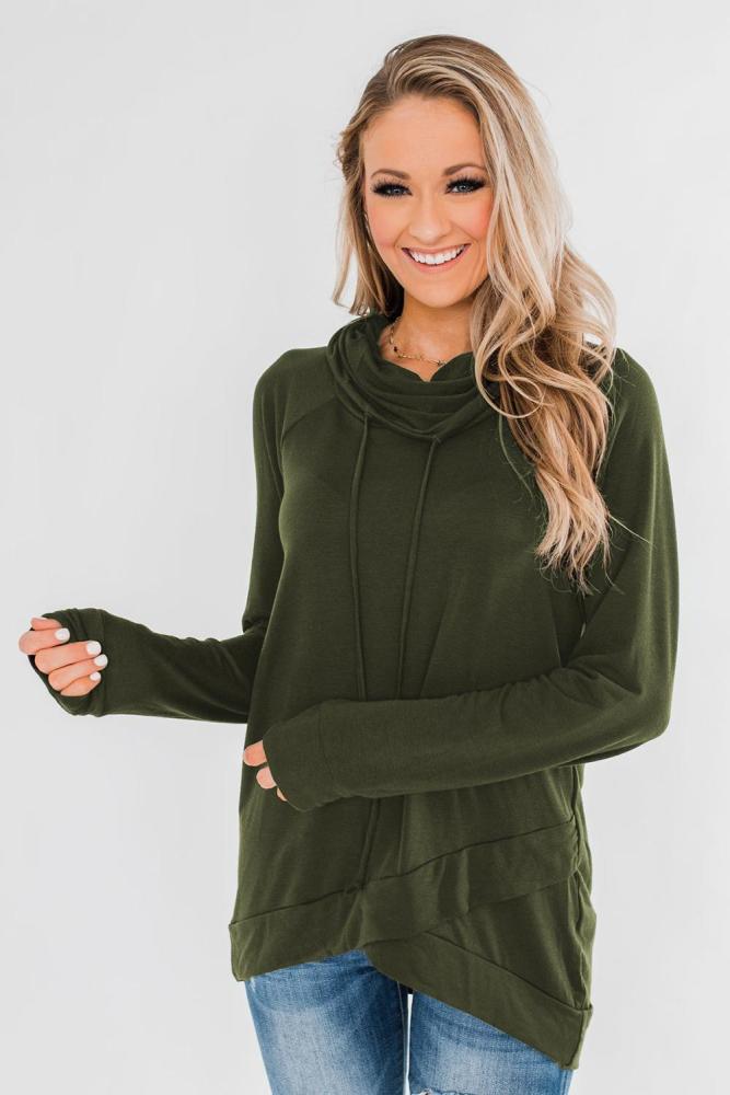 Green Casual Cowl Neck Pullover Sweatshirt