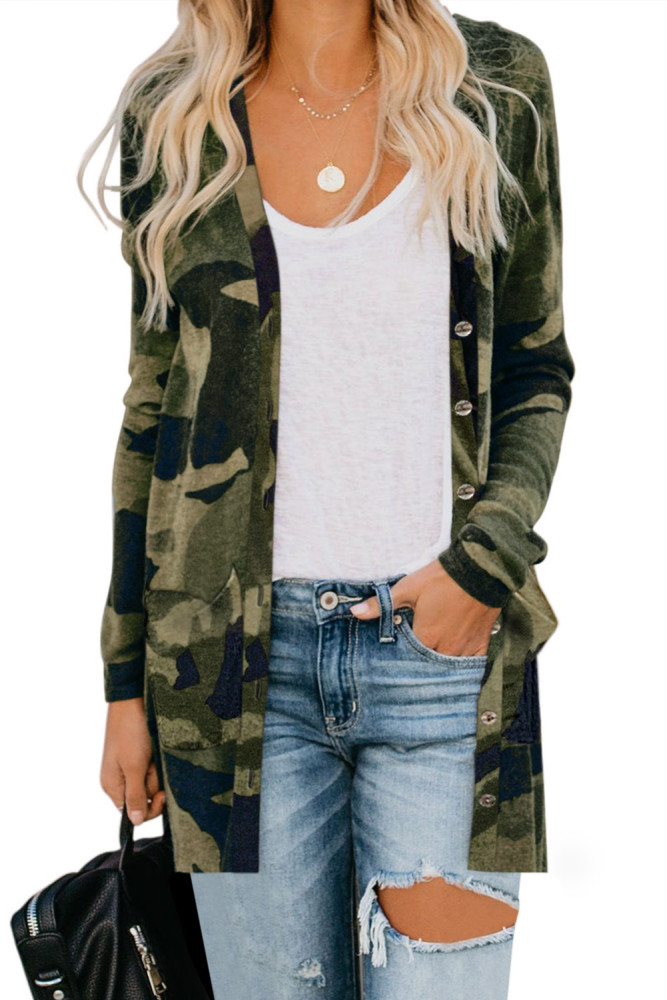 Green Camo Print Button Down Cardigan