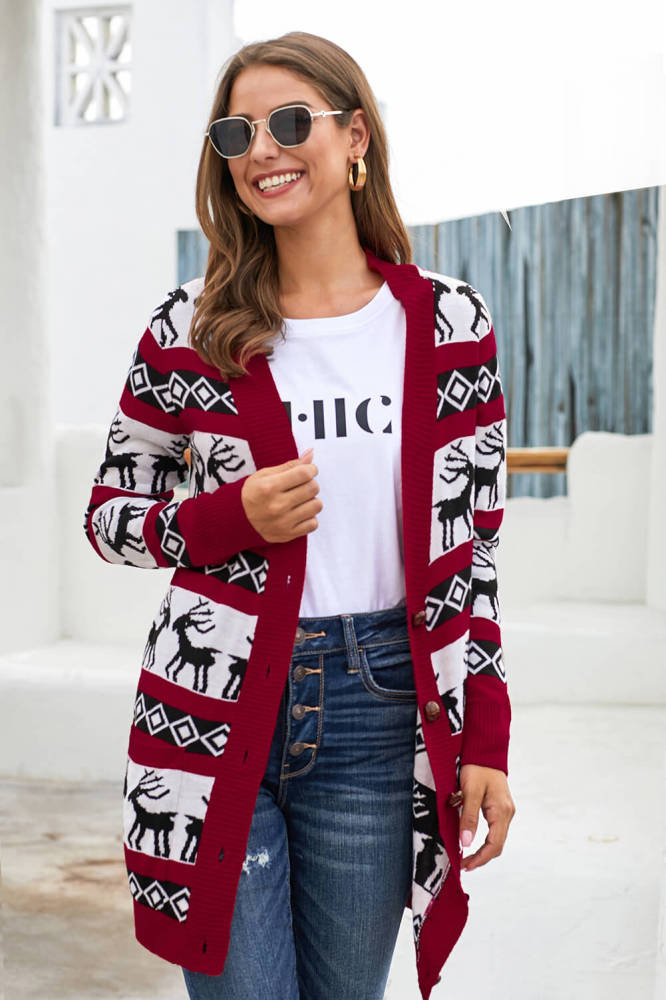 Red Elk Printed Long Sleeves Knitting Mid-length Christmas Cardigan
