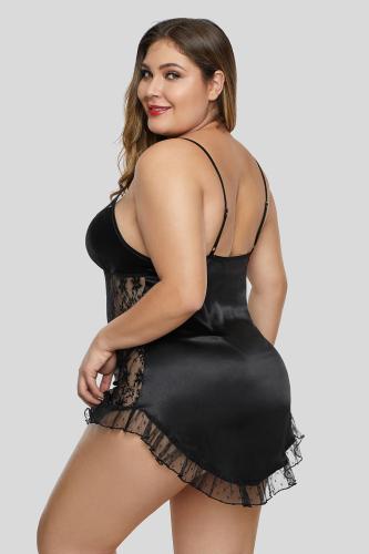 Black Mesh Satin Ruffled Hem Plus Size Lingerie