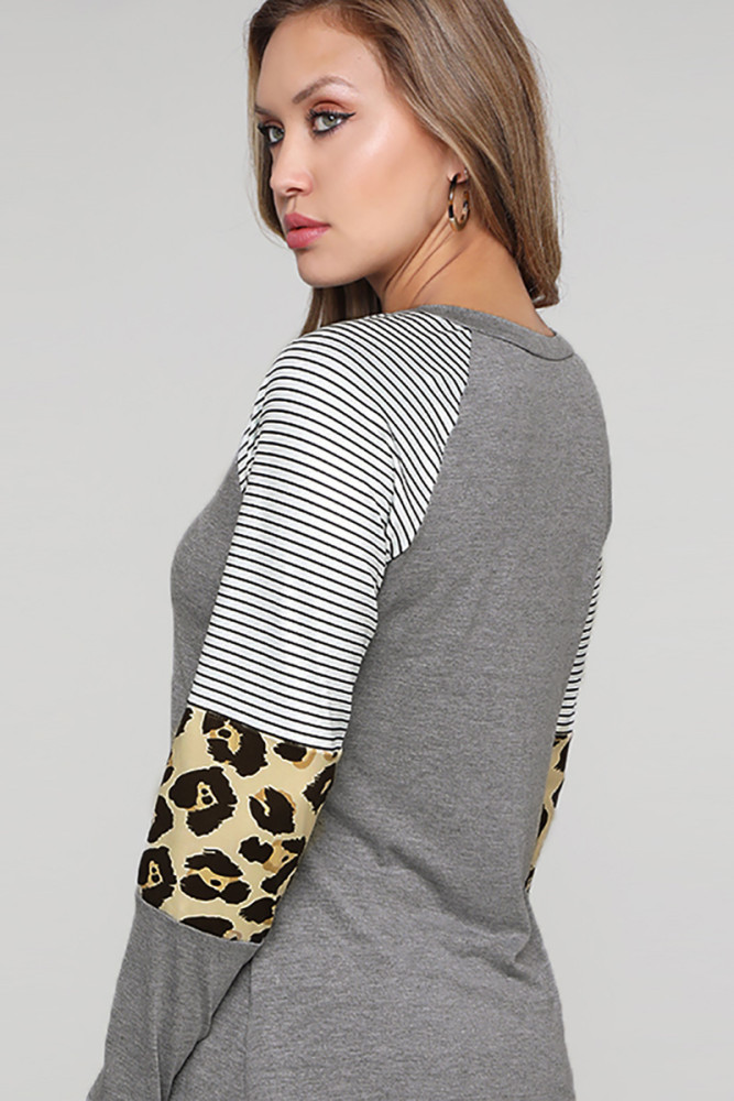 Gray Striped and Leopard Color Block Sleeves Top