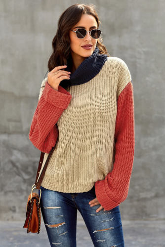 Orange Long Sleeve Turtleneck Color Block Pullover Knit Sweater