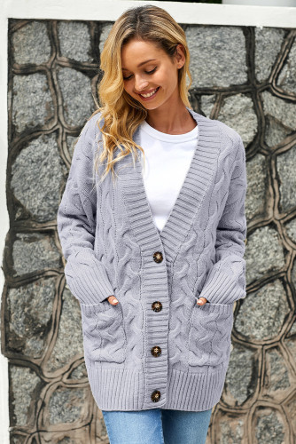 Gray Open Front Button Down Knit Cardigan Coat