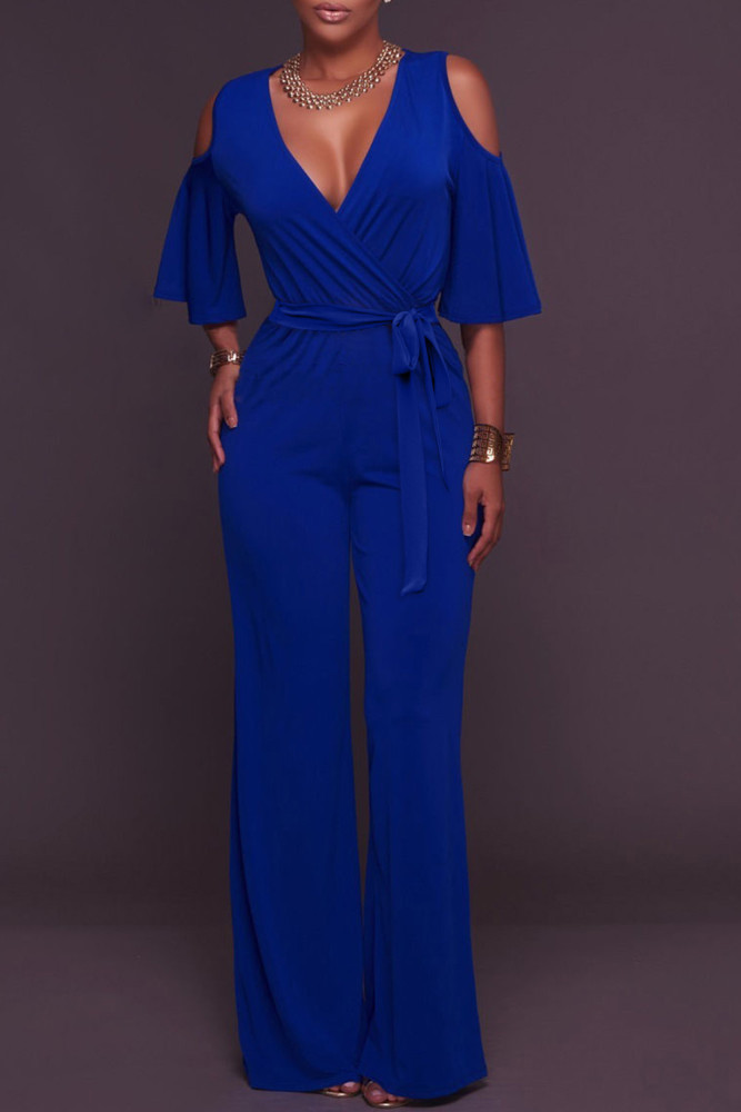 Blue V Neck Straps Wide Legs Long Jumpsuit