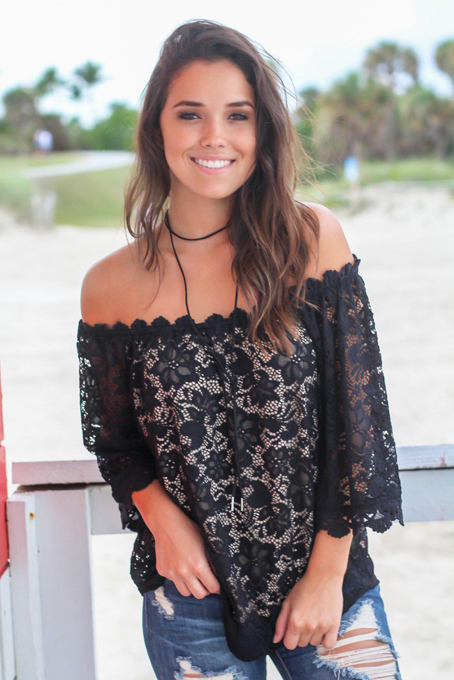 Black Lace Off Shoulder Blouse Top