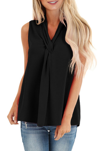 Black Sleeveless Blouse Top with Front Twist