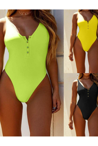 Neon Green Snap Button Front Sunbathing Swimsuit