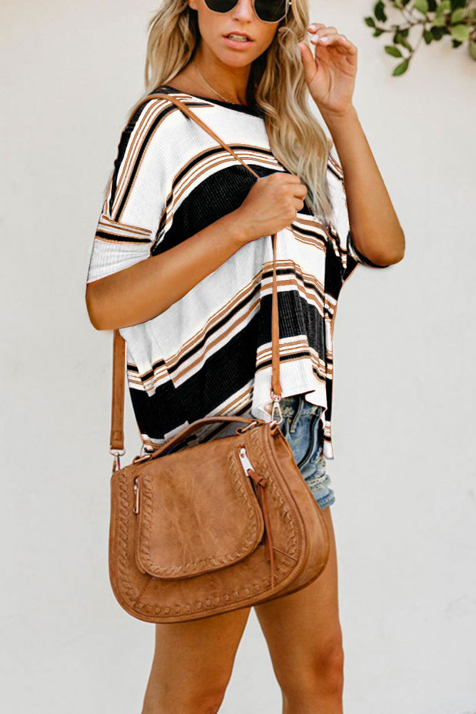 Black White Khaki Color Striped Print Loose Shirt