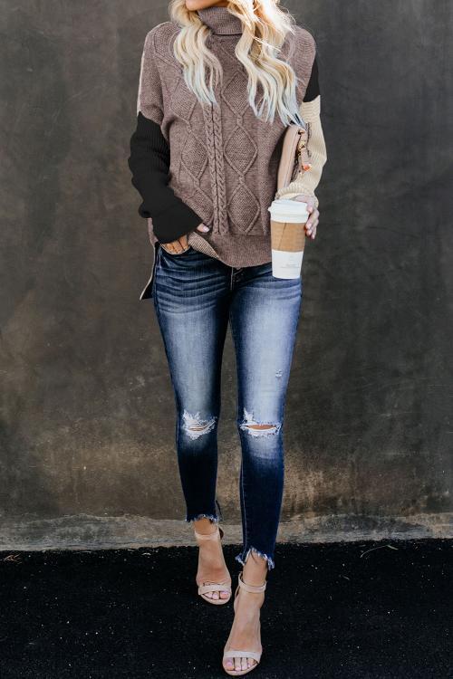 Black Colorblock Cable Knit Sweater