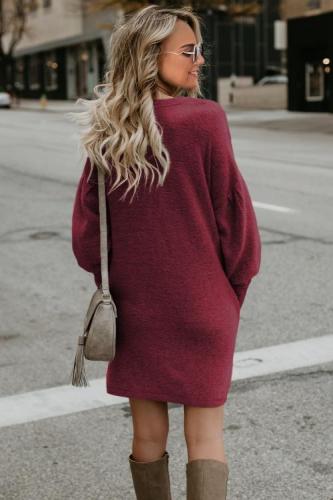 Red Autumn Winter Long Lantern Sleeve Knitted Sweatshirt Dress