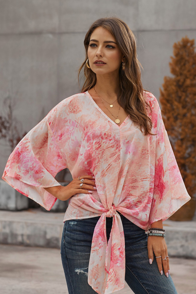 Red Tie Dye V Neck Top